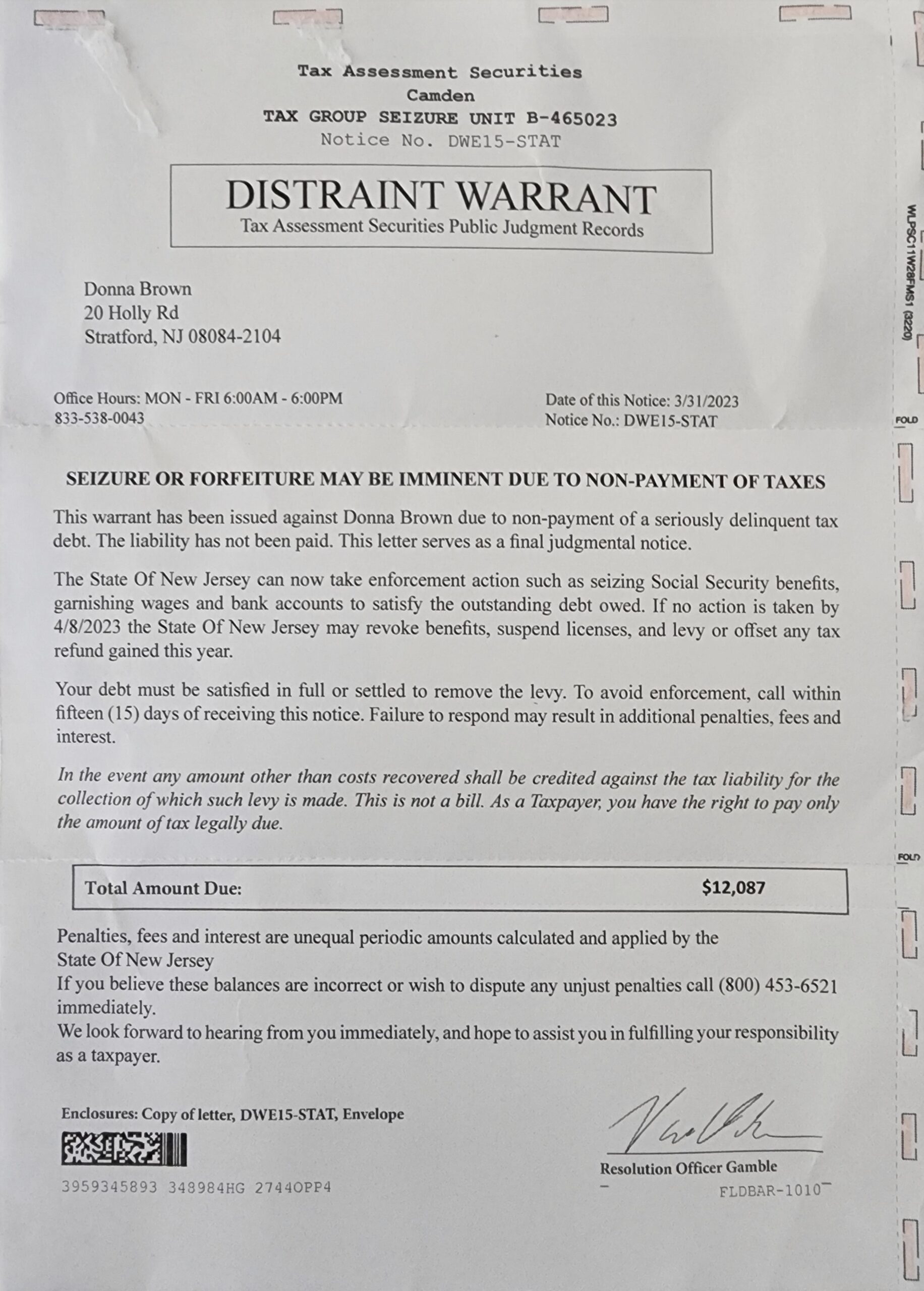Tax Scam Warning Notice Somerdale, NJ